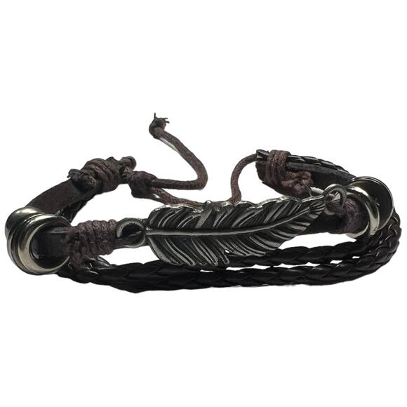 Brown Leather Braided Bracelet with Beads and Leaf Detail - Picture 1 of 7